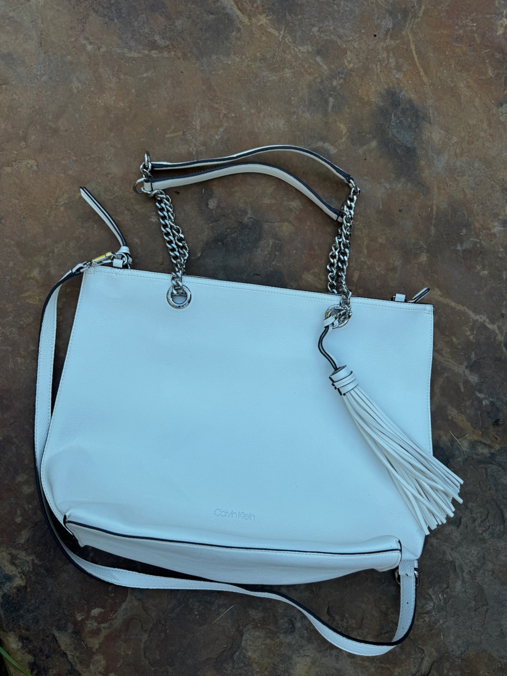 CK Preppy Chic workwear  travel shoulder leather  Tote Cream Neutral  silvertone